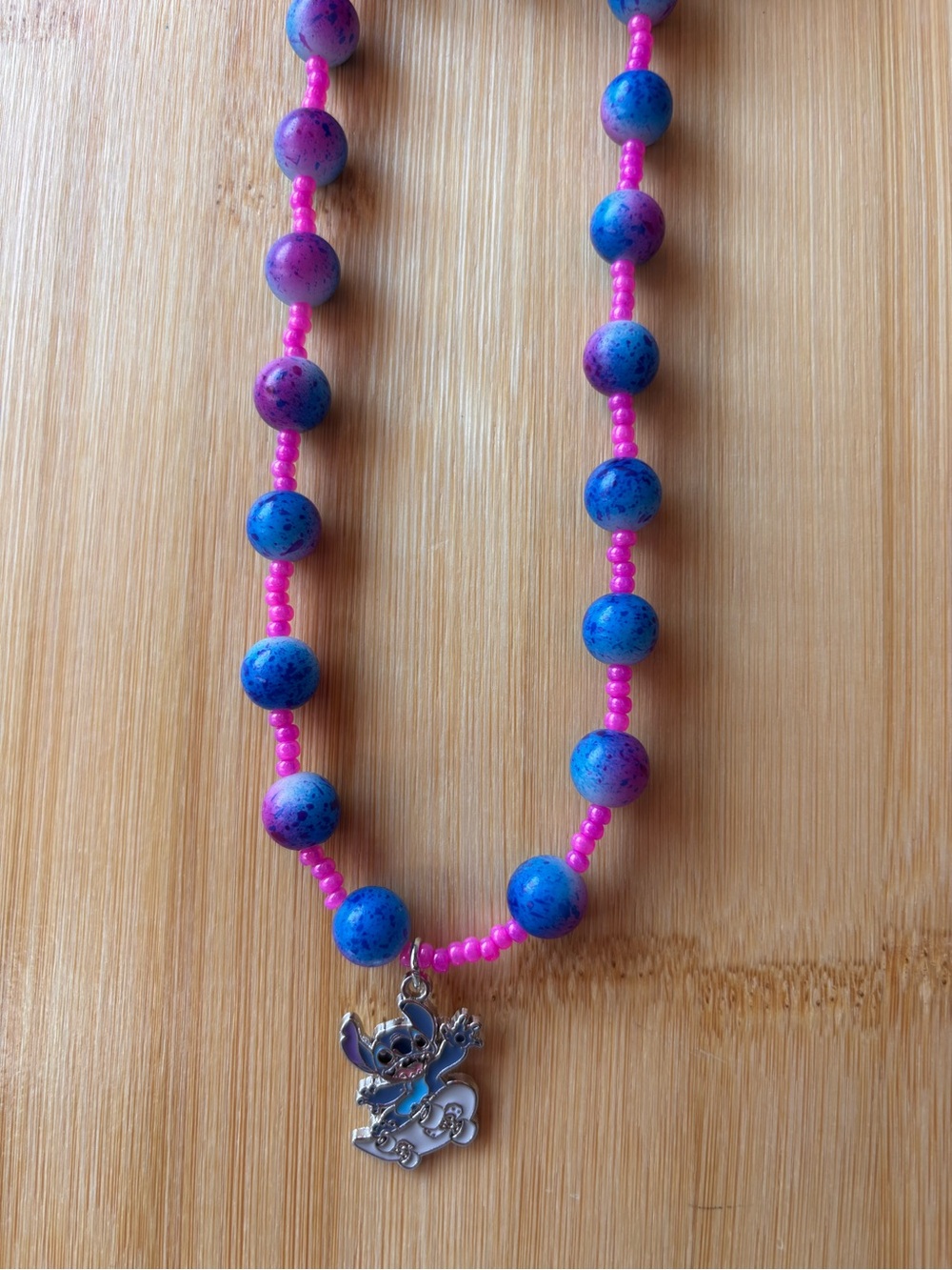 Pink and Blue Beaded Necklace with Stitch Charm - Women's Jewelry